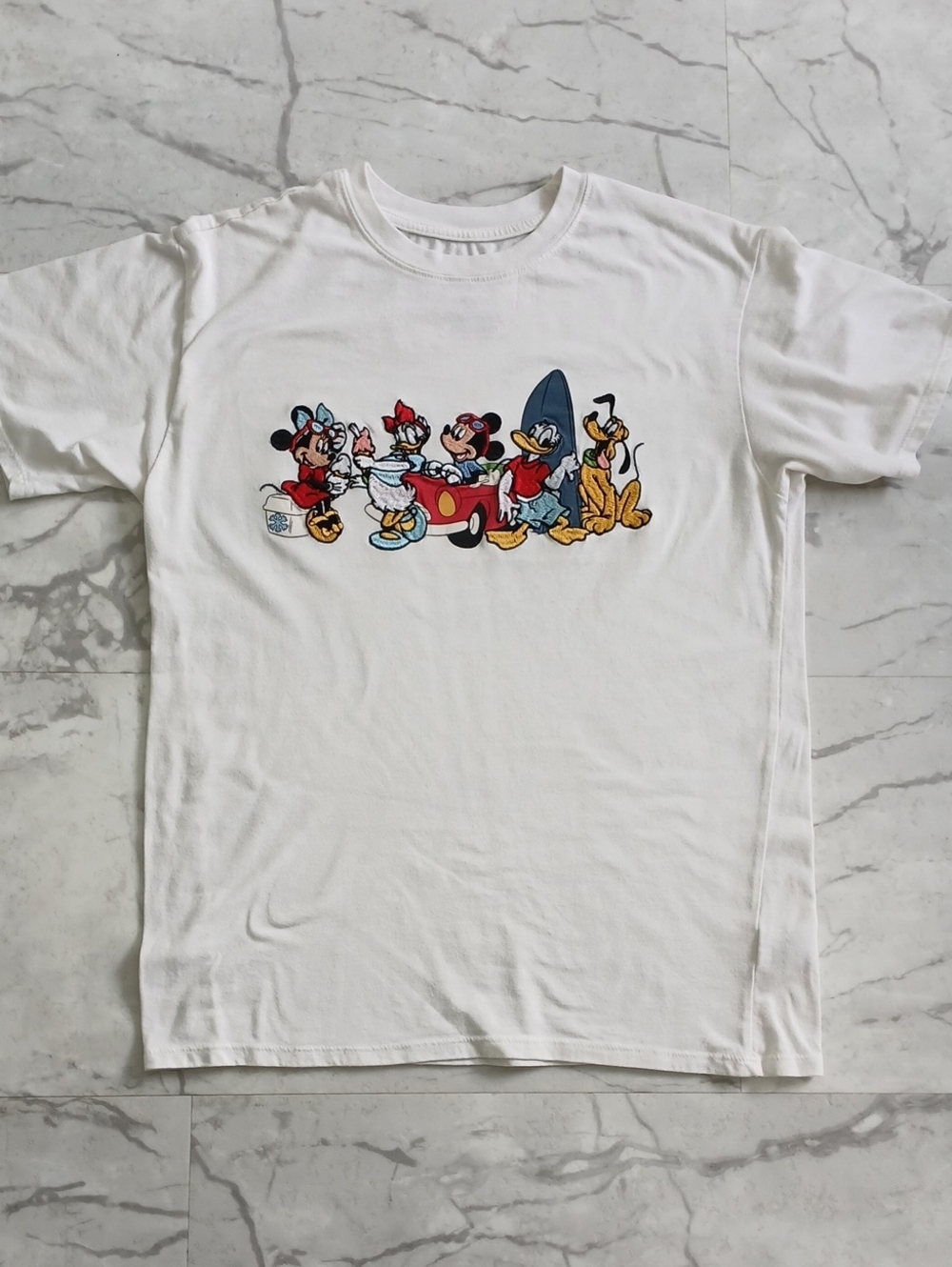 Disney White Tee with Machine Embroidery Disney Character Colorful Accents